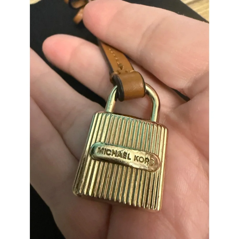 Michael Kors Gold Padlock Bag Charm Leather Strap Keychain Hang Tag MK Classic